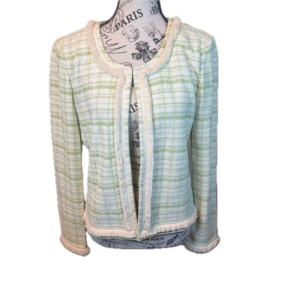 St. John Collection Green Knit Tweed Blazer Jacket Fringe Hem Single Clasp Sz 8 - Picture 1 of 12